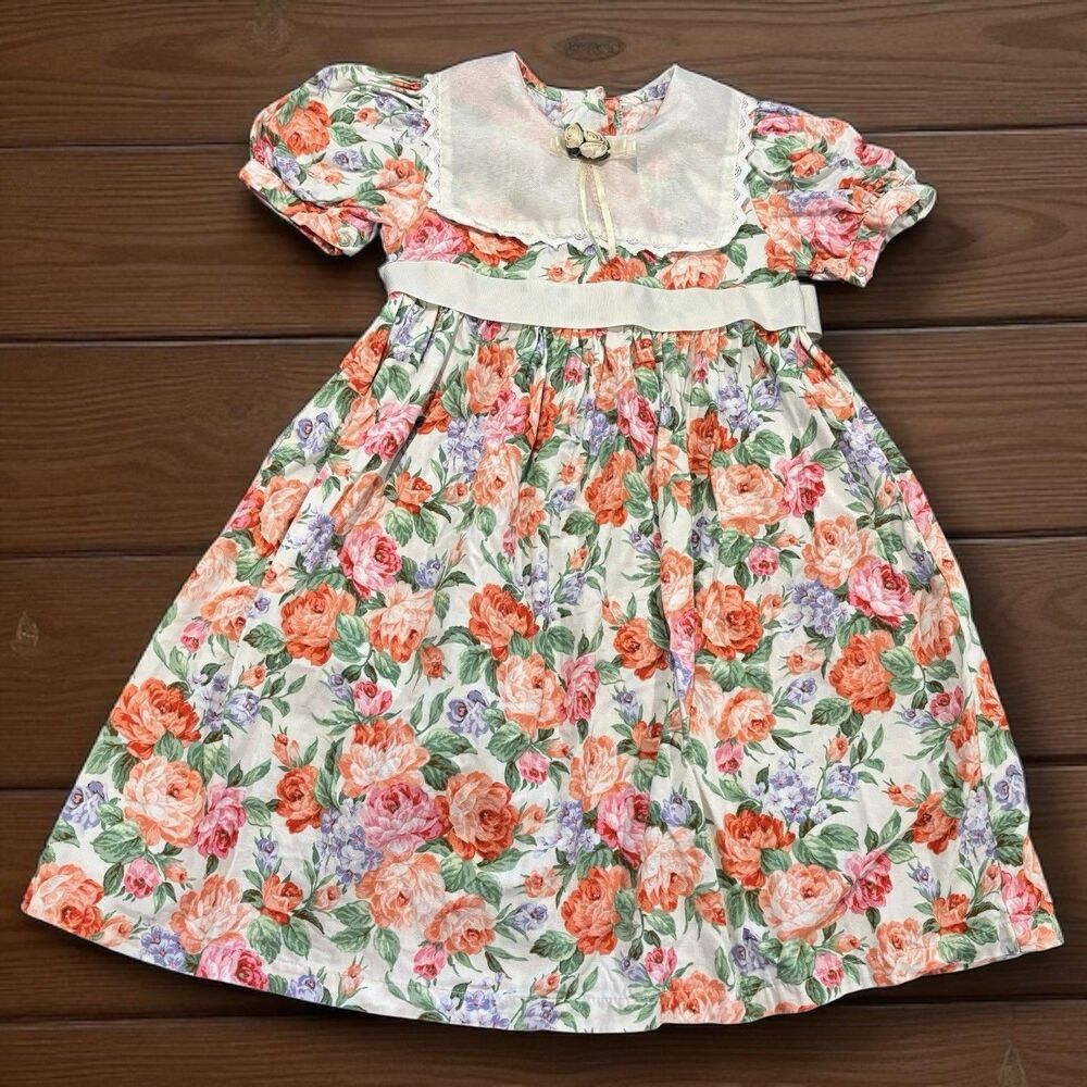 VTG Lace Bib Secret Garden Dress Short Sleeve Floral Cotton Ribbon Size 5-6